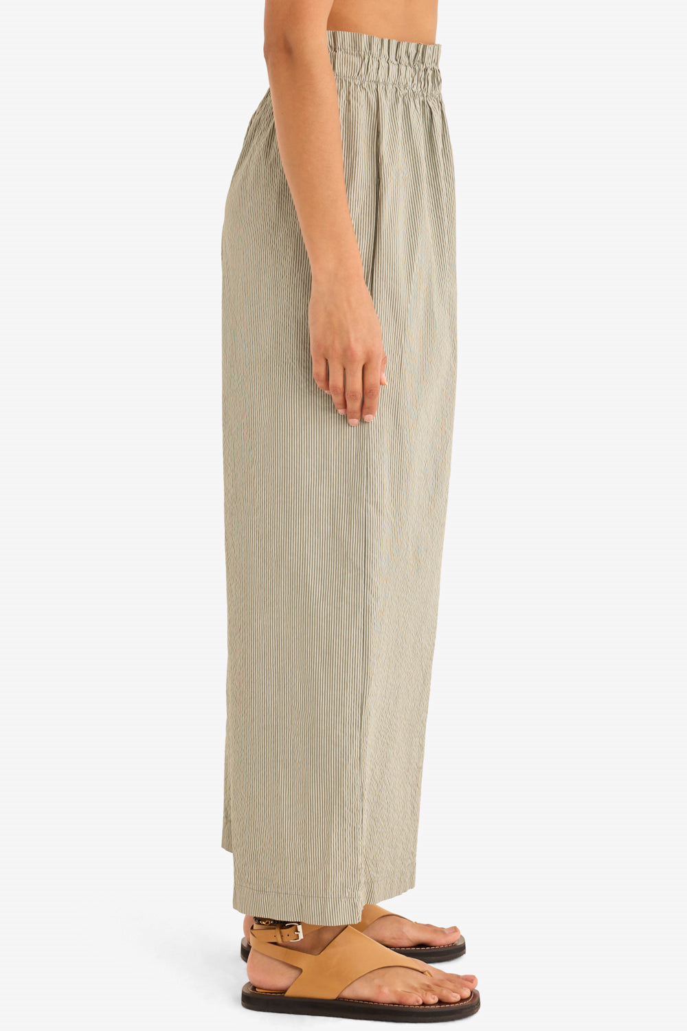 The Striped Poplin Pant in Olive Stripes