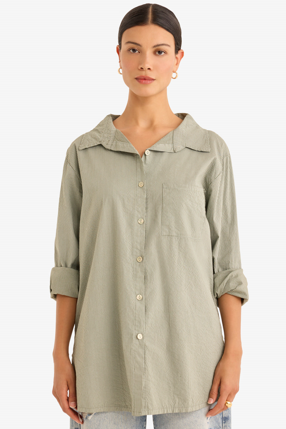 The Playa Poplin Shirt in Olive Stripes