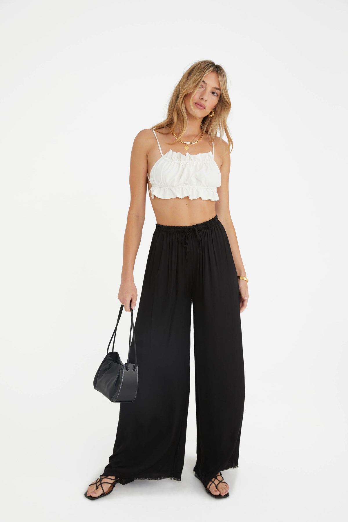 SATINA High Waisted Flare Palazzo Pants, Tropical Black, Wide Leg