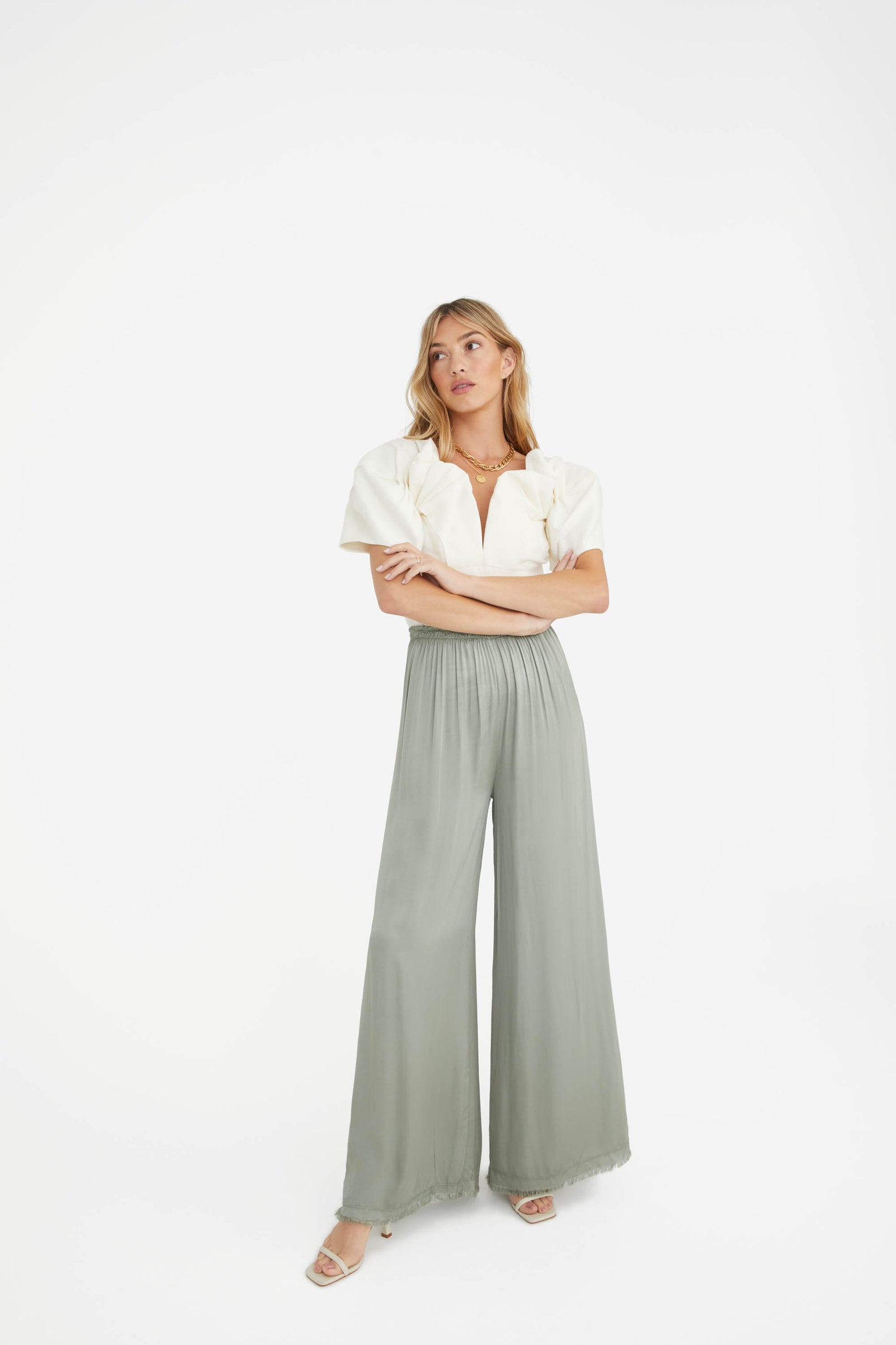 The Rising Satin Pants in Sage
