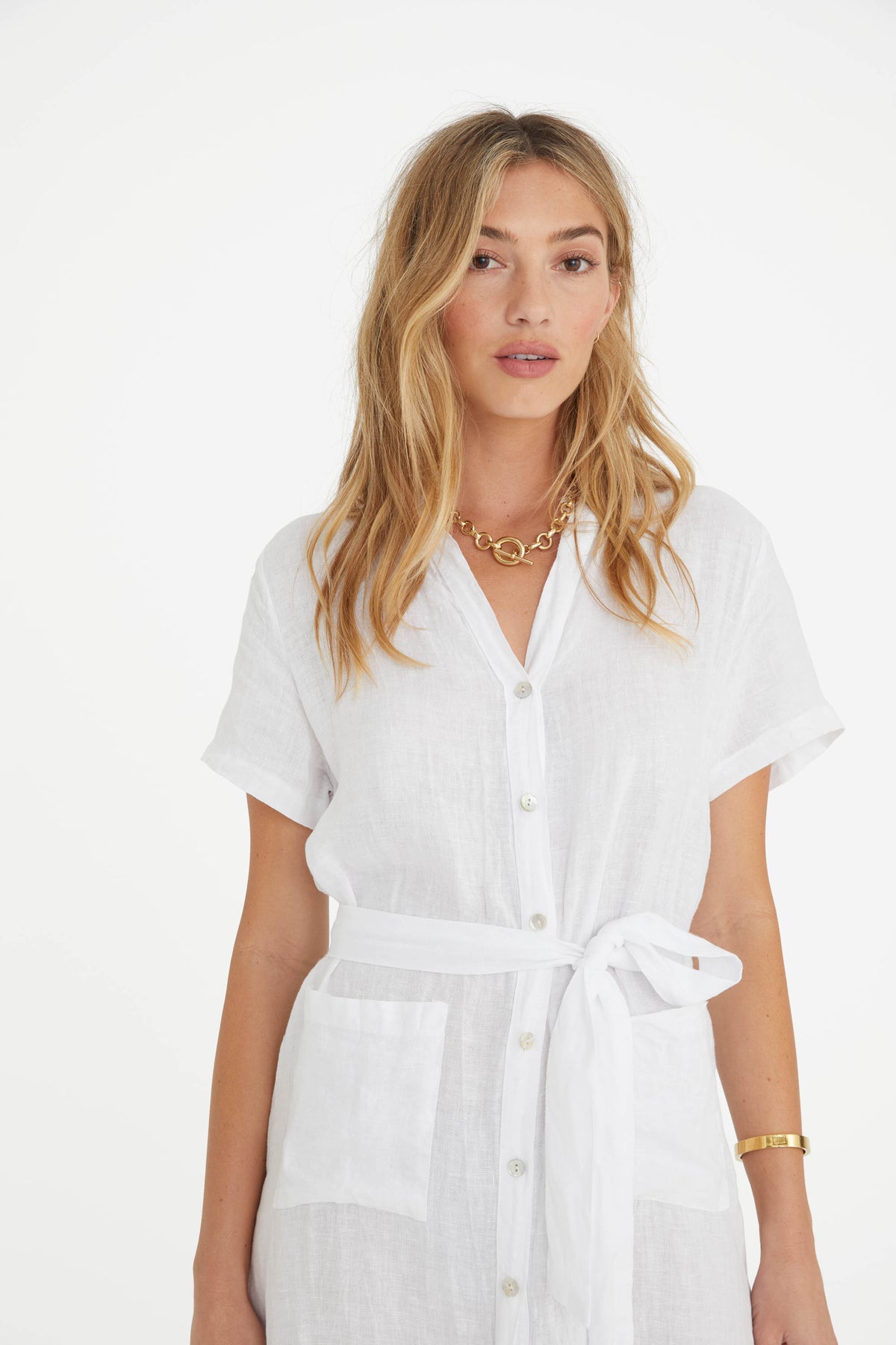 White button deals down linen dress